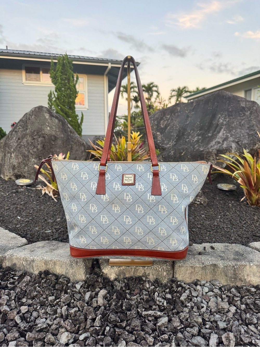 Dooney & Bourke Blue DB Monogram Jacquard Leather Tote Shoulder Bag